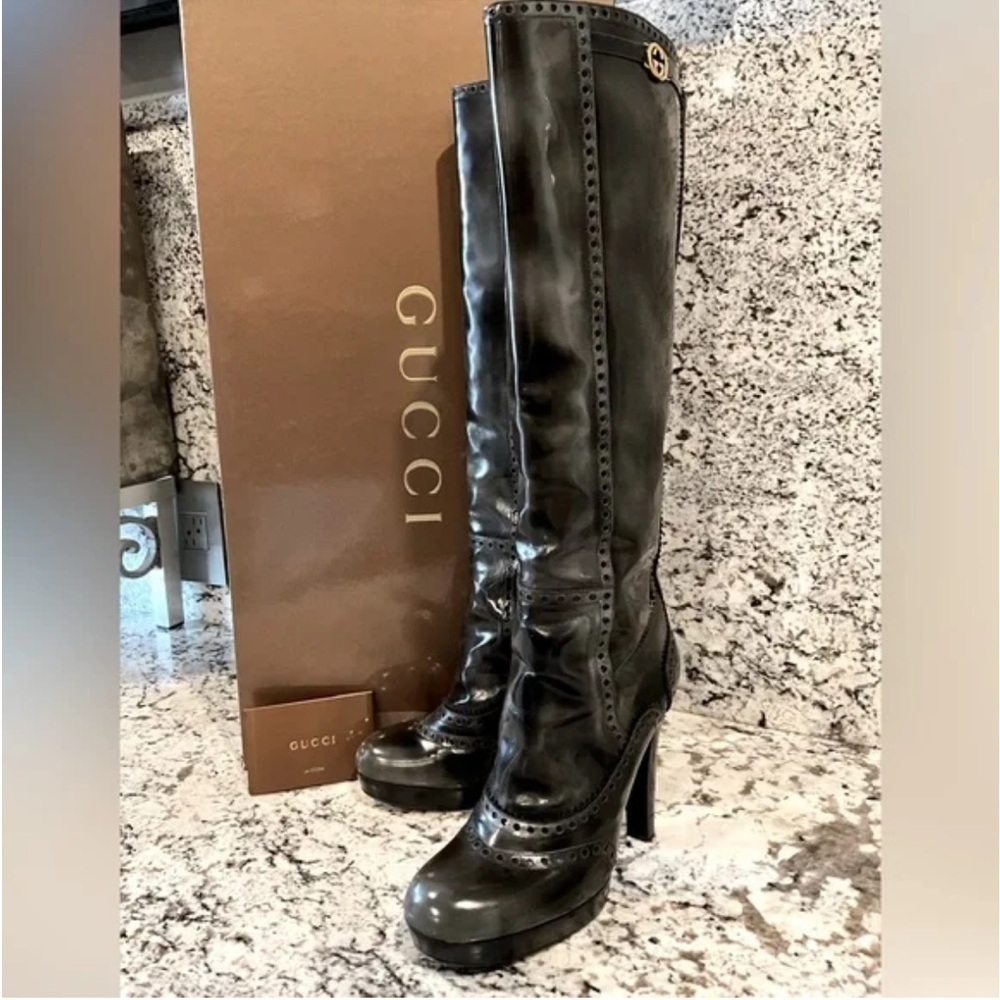 GUCCI GG BLACK/GRAY PATENT LEATHER BOOTS, SIZE 37.5